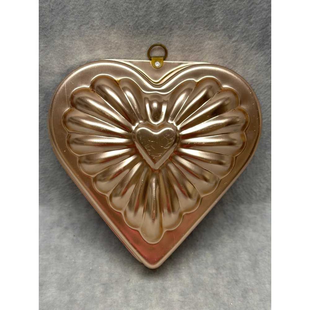 VTG Jello Heart Cake Mold Copper Tone Aluminum Fluted Wall Hanging Decor